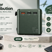 DK Mart 45W Universal Charger Adapter, Supports Laptop Charging: MacBook & Type C Laptop, 3X, 1x USB, 2500W AC Socket, International Worldwide Travel Adapter, PD Charging (DKM-45,  Army Green)