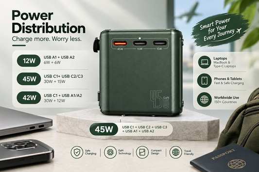 DK Mart 45W Universal Charger Adapter, Supports Laptop Charging: MacBook & Type C Laptop, 3X, 1x USB, 2500W AC Socket, International Worldwide Travel Adapter, PD Charging (DKM-45,  Army Green)