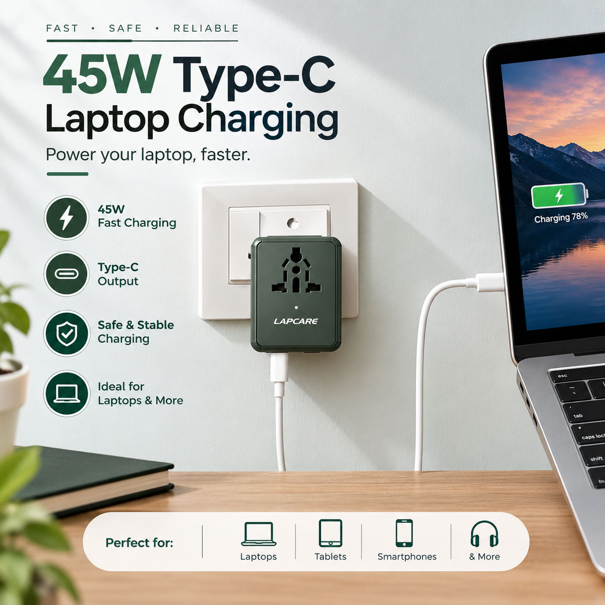 DK Mart 45W Universal Charger Adapter, Supports Laptop Charging: MacBook & Type C Laptop, 3X, 1x USB, 2500W AC Socket, International Worldwide Travel Adapter, PD Charging (DKM-45,  Army Green)